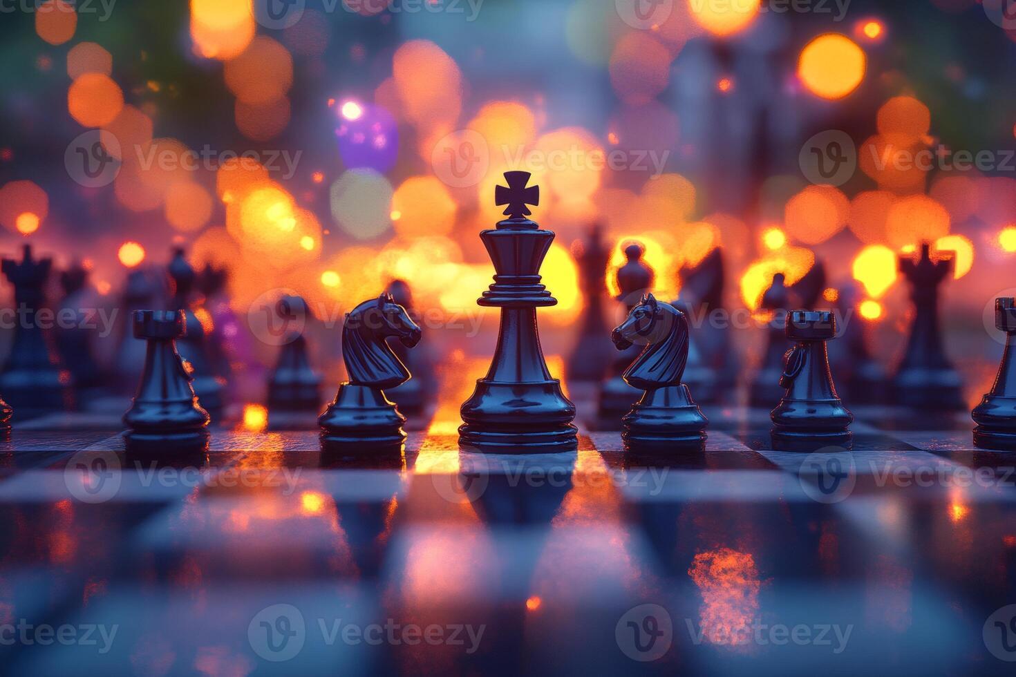 Black king chess piece standing on chessboard with knights protecting it photo