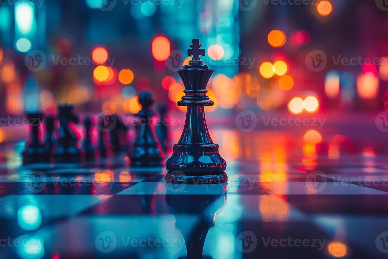 Black king chess piece standing on chessboard with city lights background photo