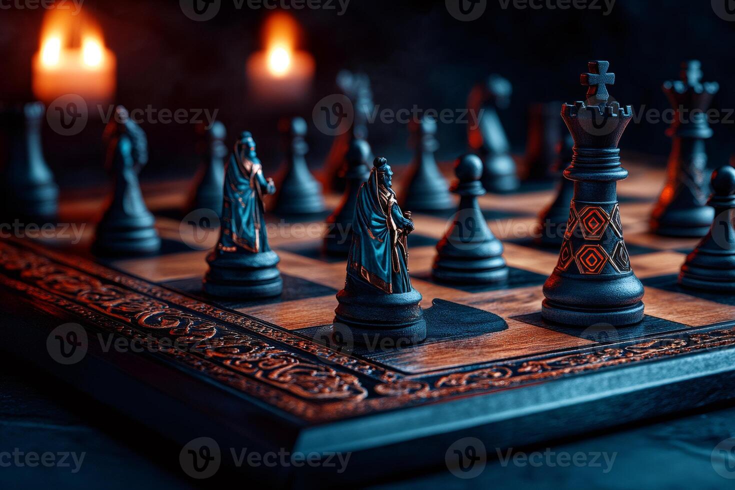 Ornate chessboard featuring detailed pieces illuminated by candlelight photo