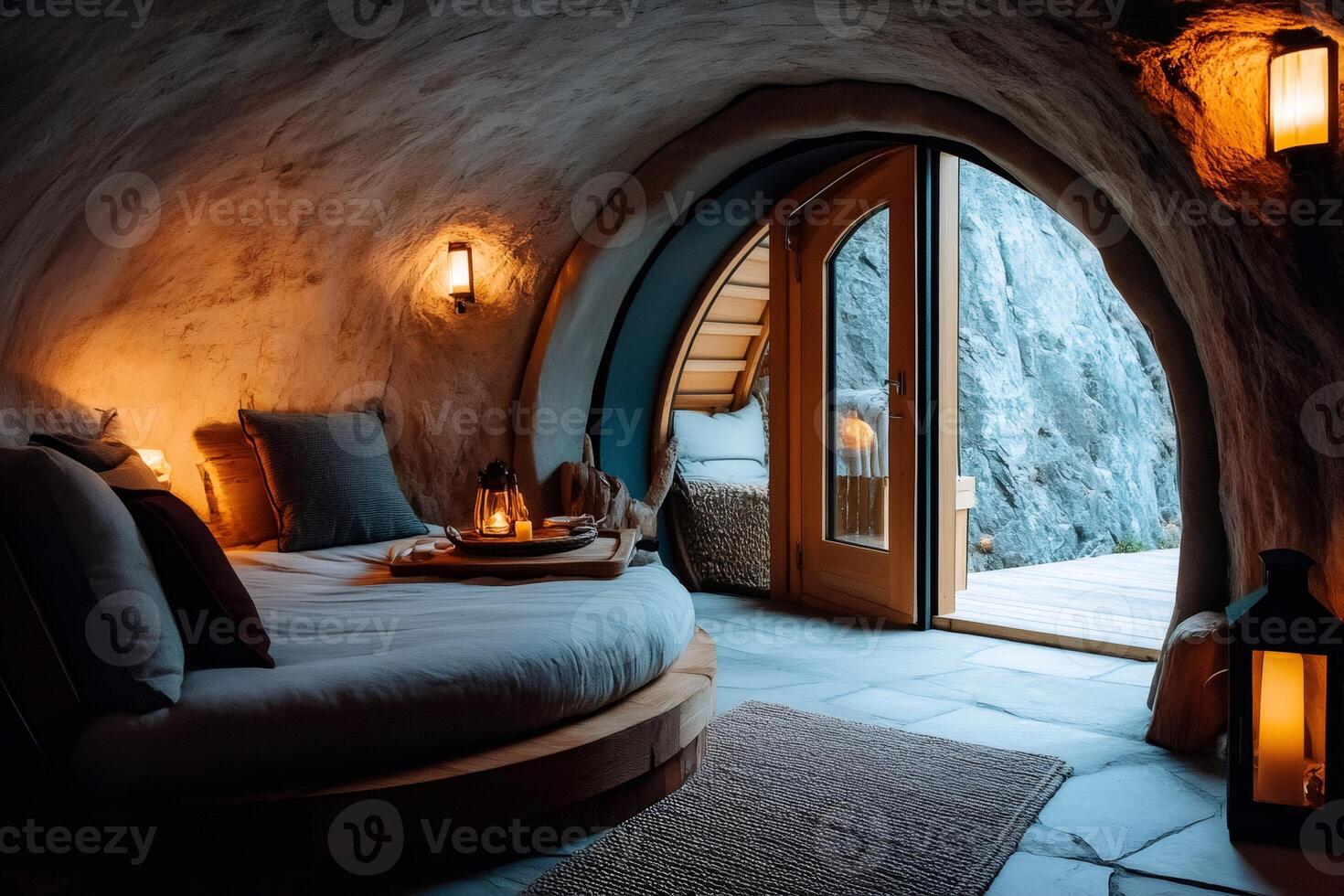 Round bed inside a cozy cave room with open door showing mountain view photo