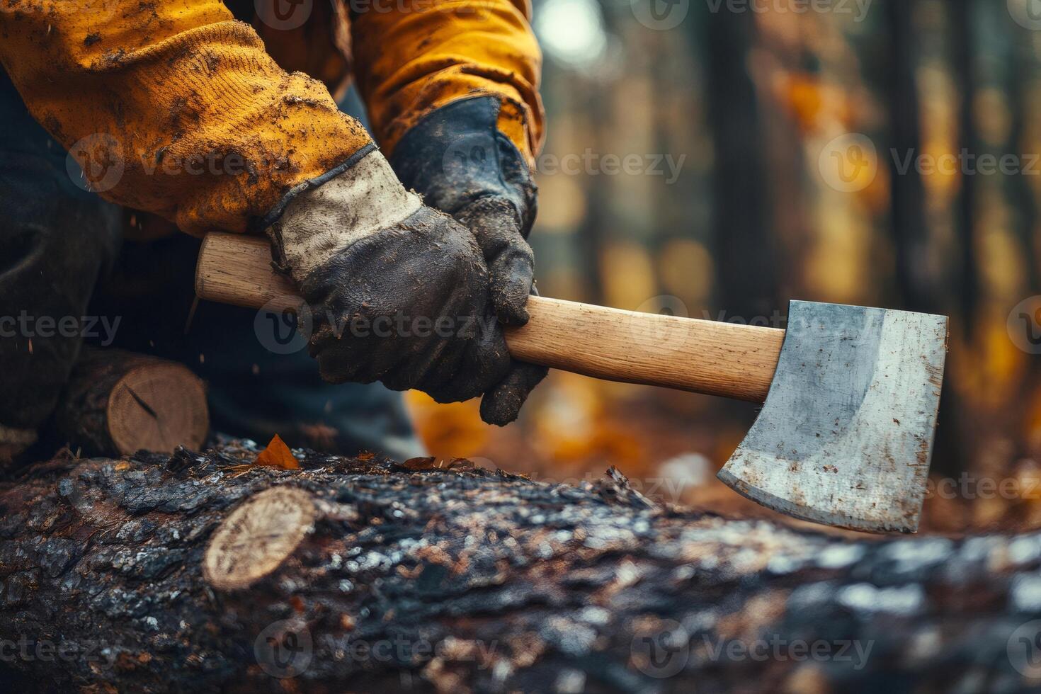 Lumberjack chopping wood with axe in forest during autumn photo
