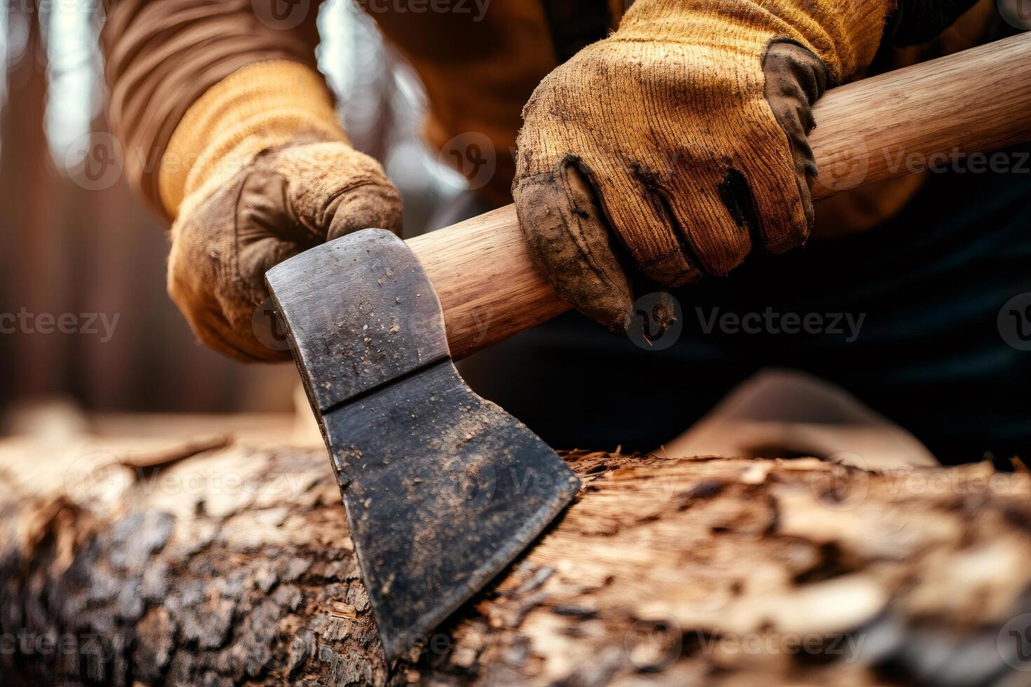 Lumberjack chopping wood with axe in forest, close up of hands and tool photo