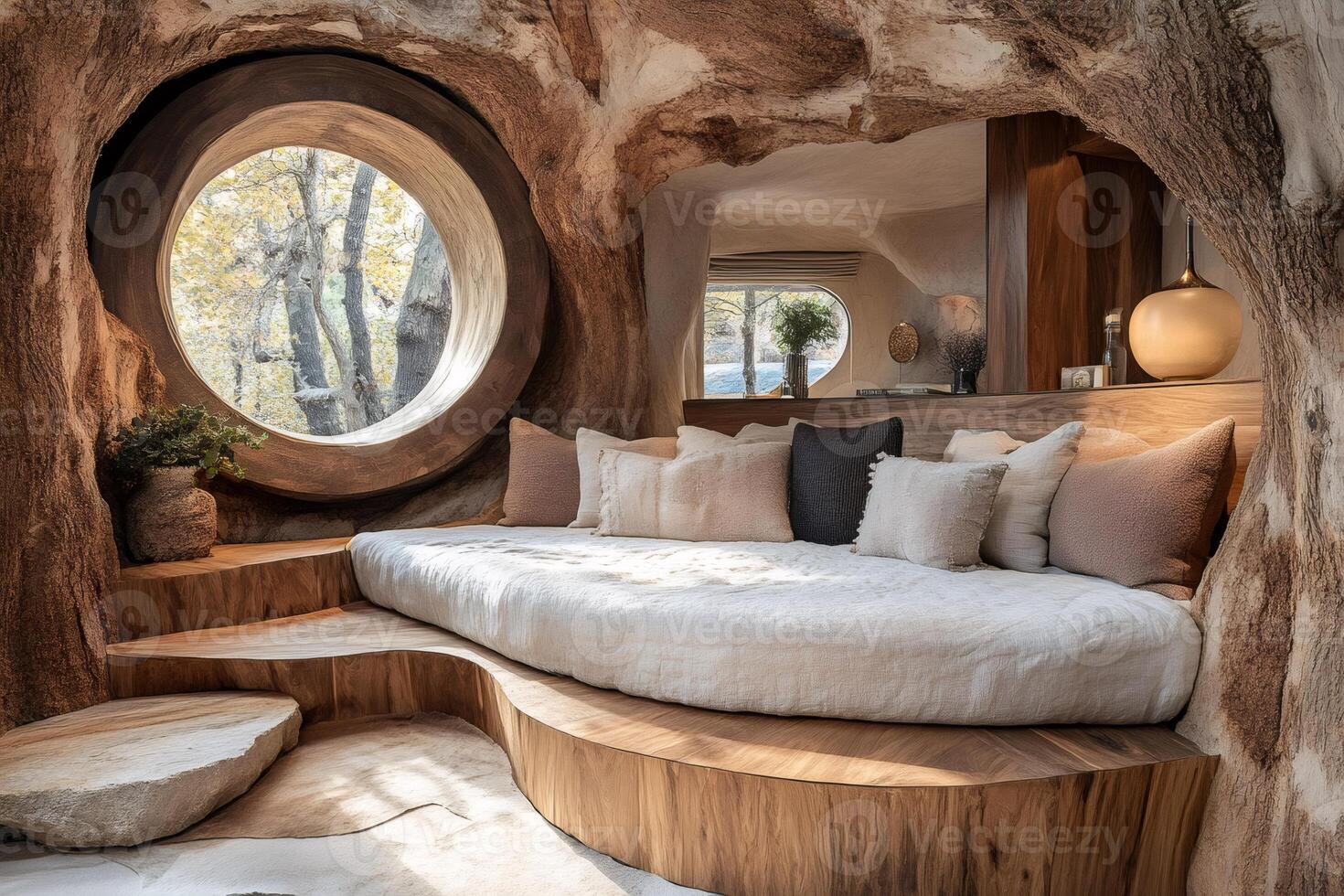 Cozy organic cave hotel room interior with round window showing forest view photo