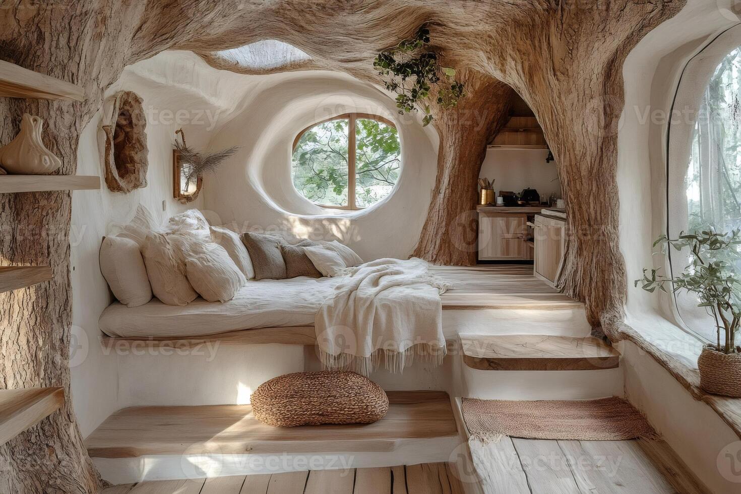 Cozy cob house bedroom blending nature and modern comfort design photo