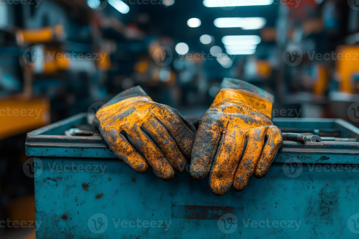 Used work gloves resting on metal toolbox in factory photo
