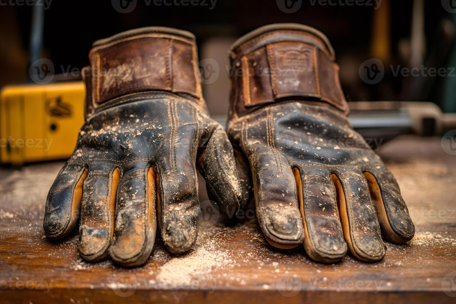 Used work gloves resting on wooden table in workshop photo