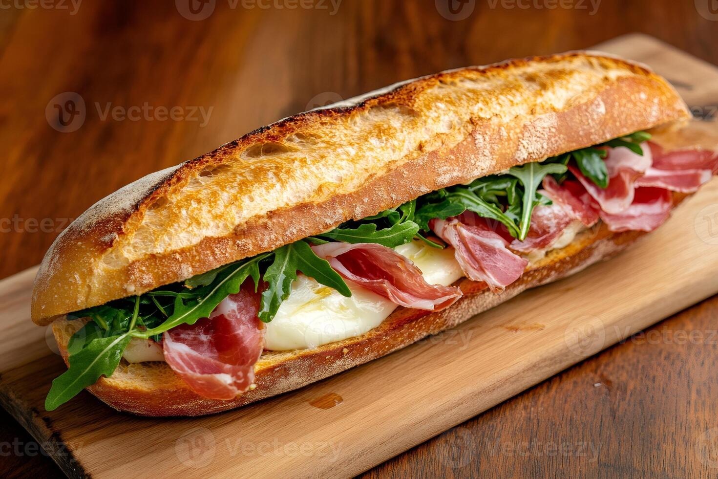 Delicious baguette sandwich with prosciutto, mozzarella, arugula, and olive oil on wooden board photo