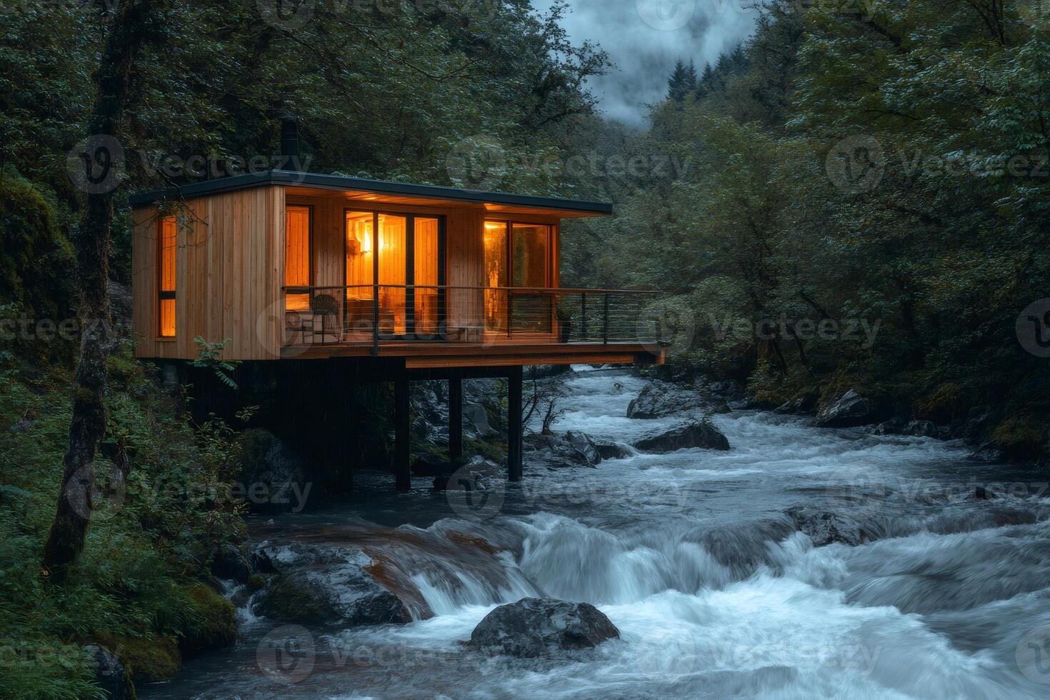 Cozy wooden cabin inspiring tranquility overlooking a flowing river in a forest photo