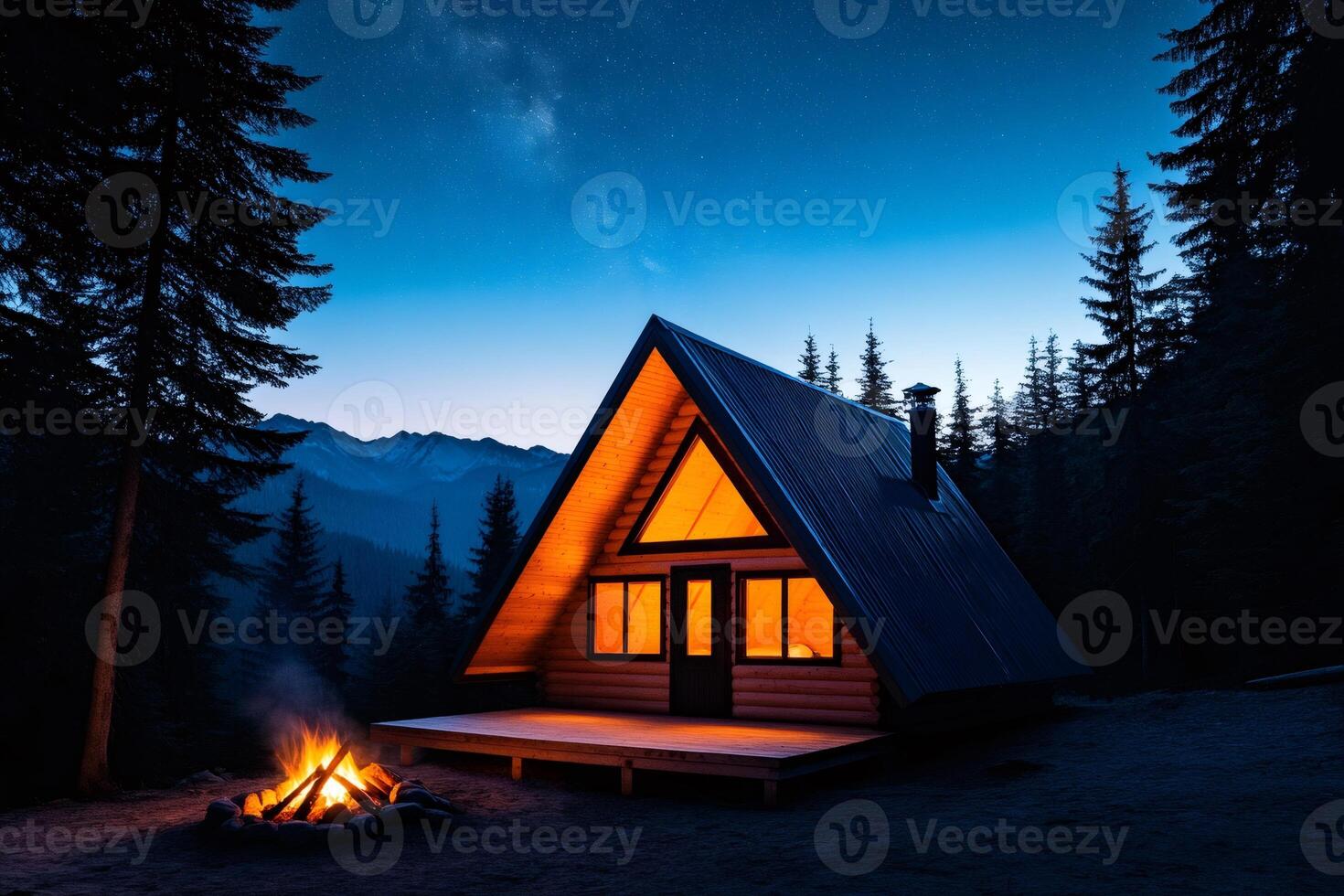 Cozy a frame cabin glowing under milky way in the mountains at night photo