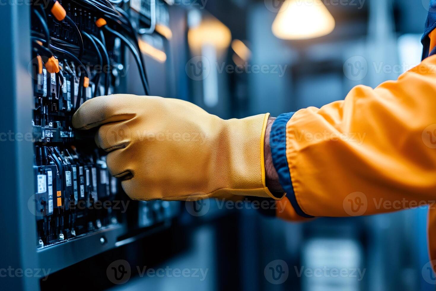 Electrician working on industrial control panel, connecting wires and ensuring safety photo