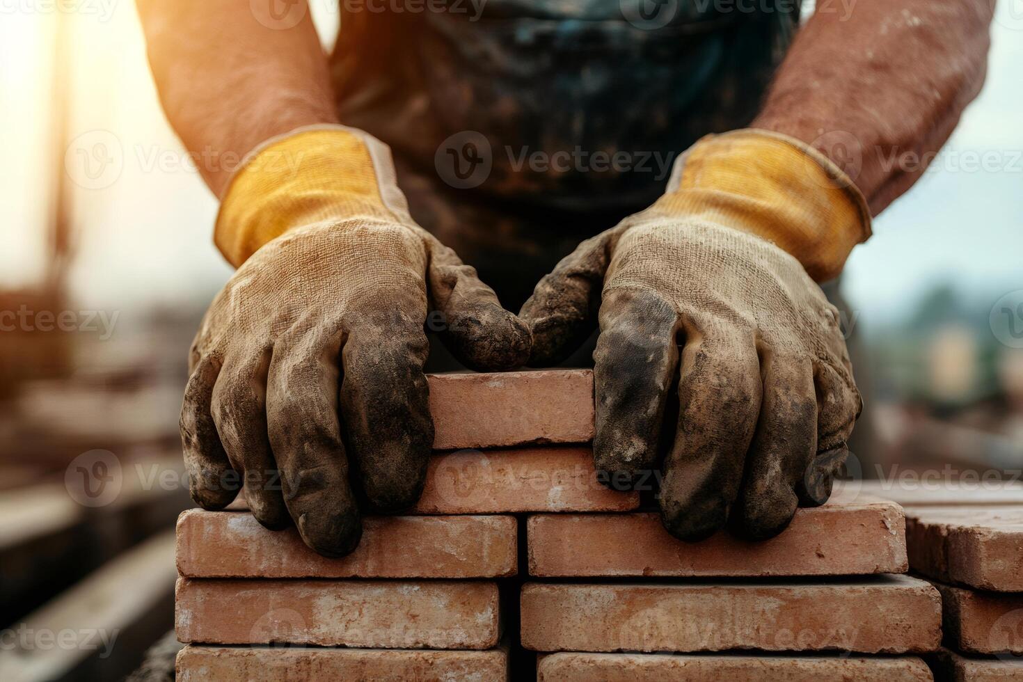 Construction worker placing bricks for building walls at sunset photo