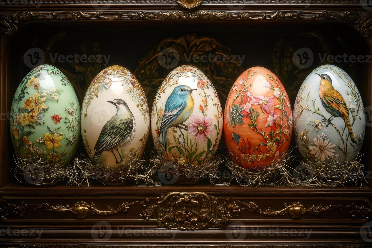 Decorative easter eggs showcasing birds and flowers resting in a wooden display case photo