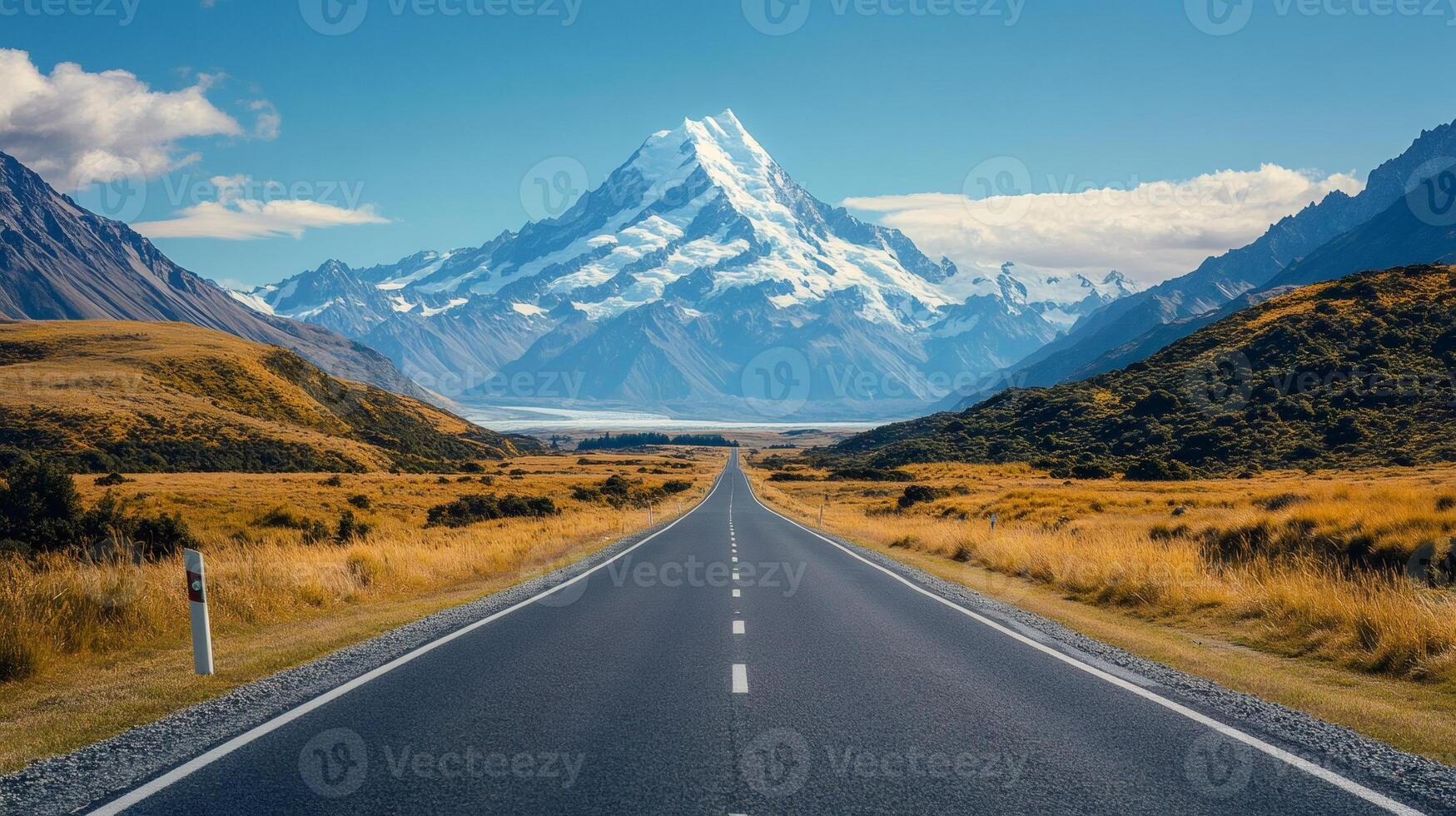 Road leading to mount cook on sunny day in new zealand photo
