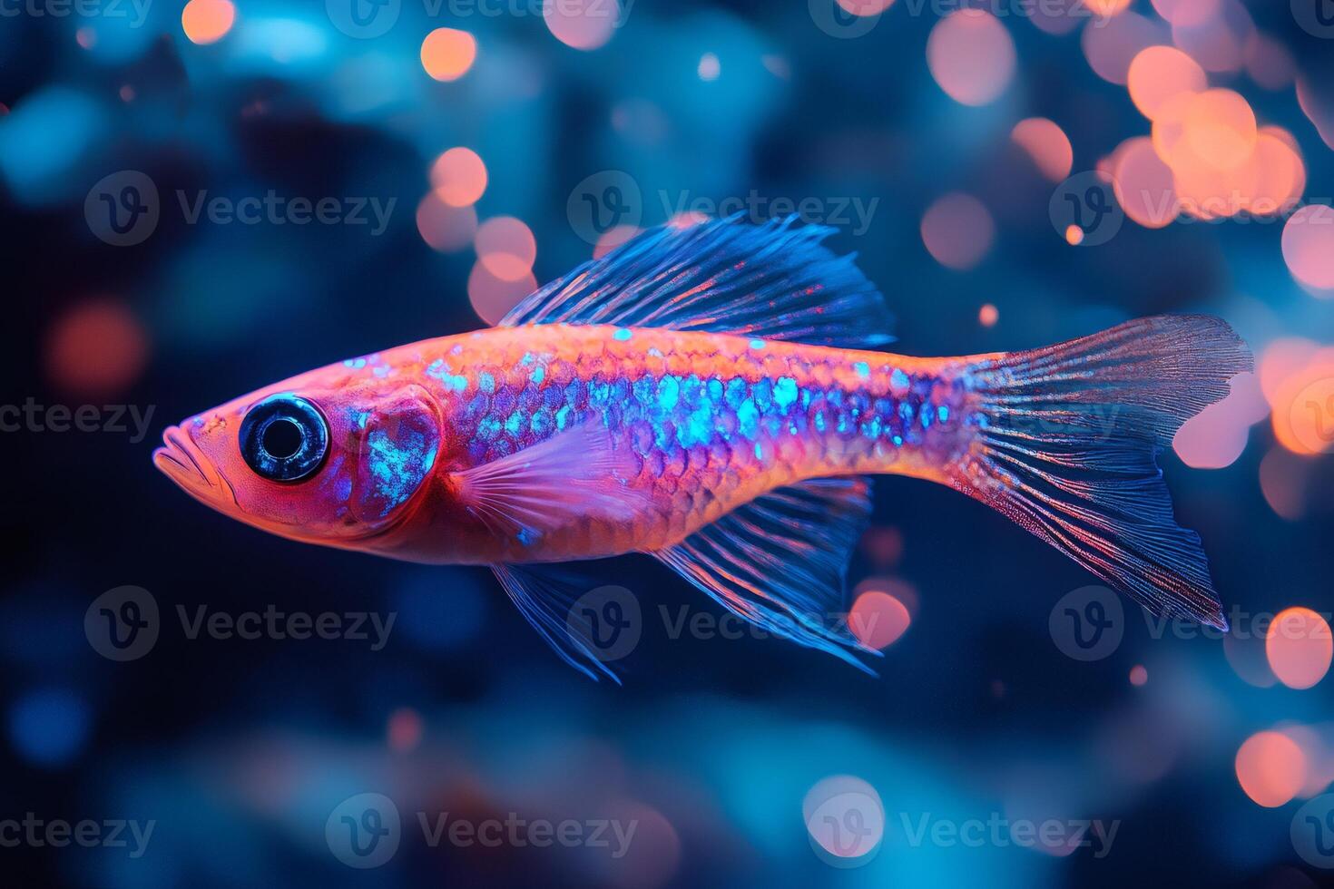 Fluorescent pink and purple fish swimming in aquarium with bokeh effect photo