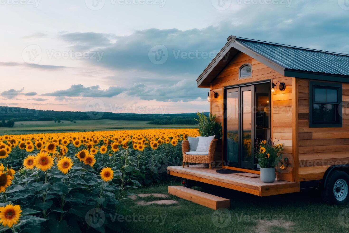 Tiny house overlooking beautiful sunflower field at sunset photo