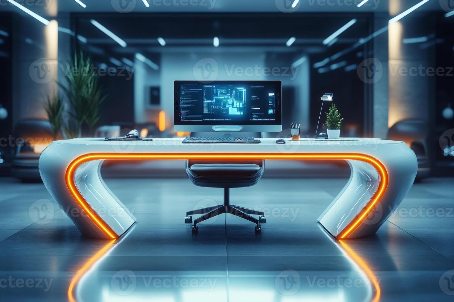 Futuristic office desk showing programming code on monitor in modern workspace photo