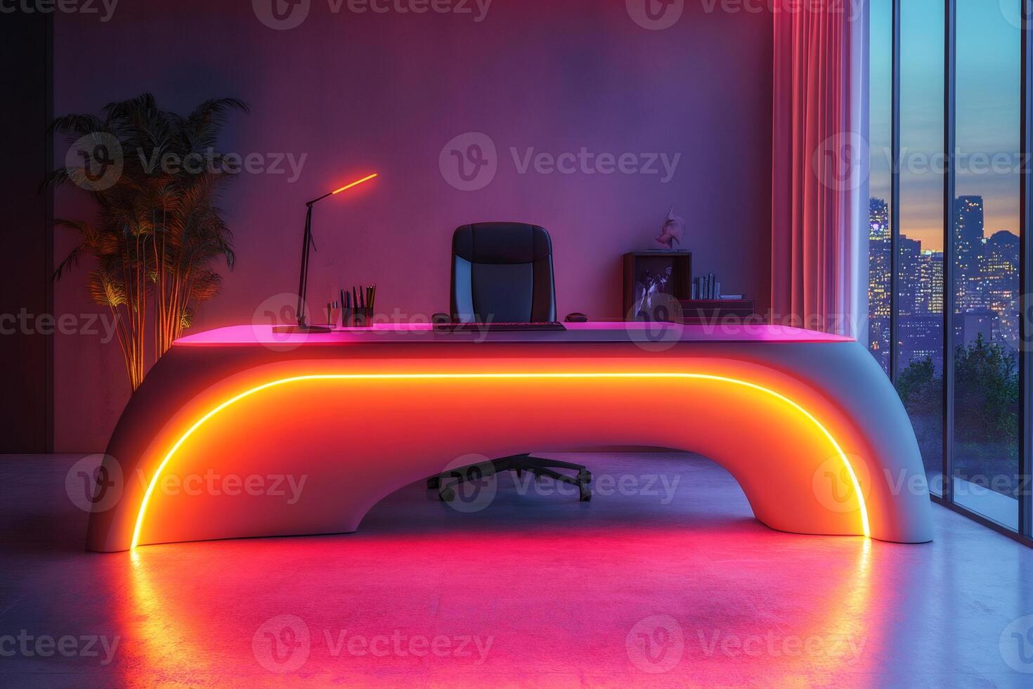 Modern office desk with neon lights illuminating workspace at night photo