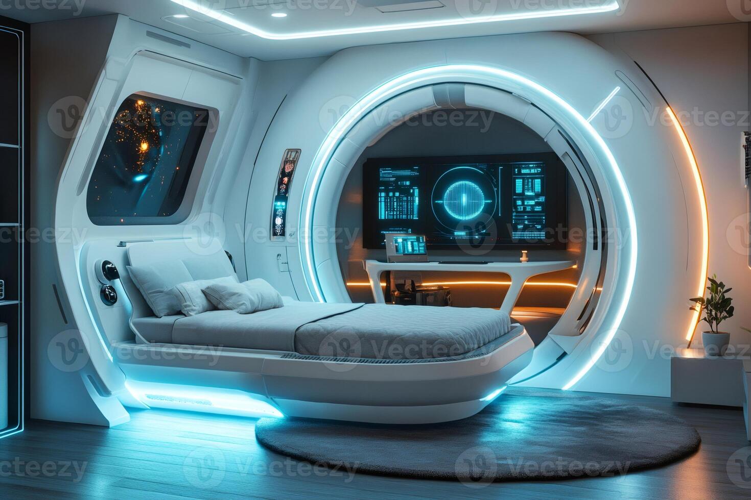 Futuristic interior design of a spaceship bedroom showing a bed and a monitor photo