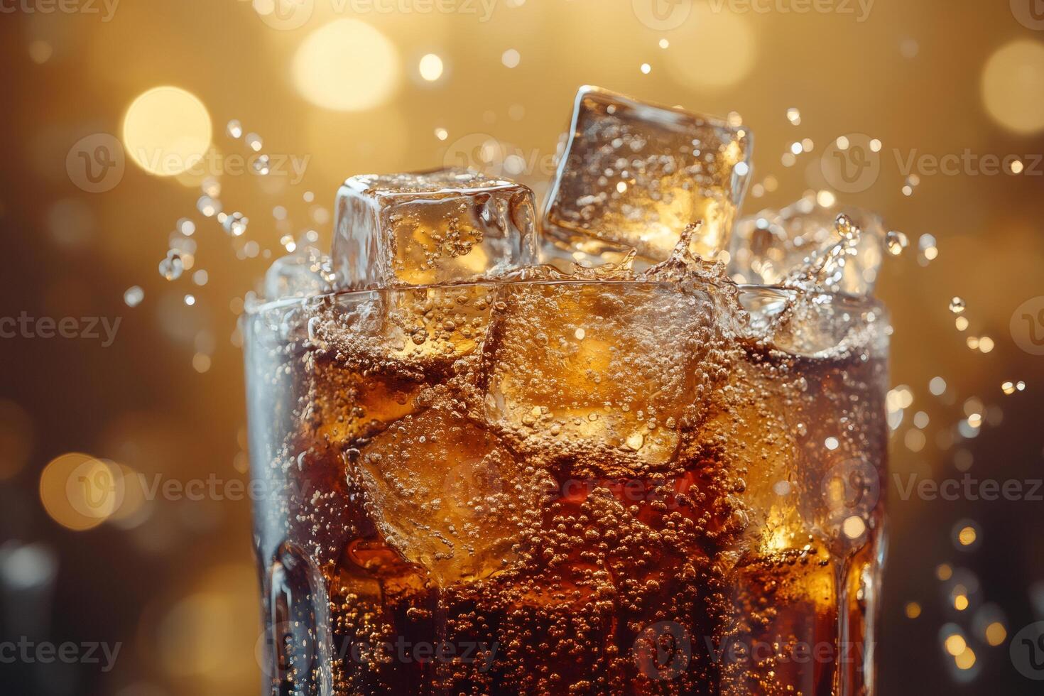 Ice cubes splashing into glass of sparkling soda with golden bokeh background photo