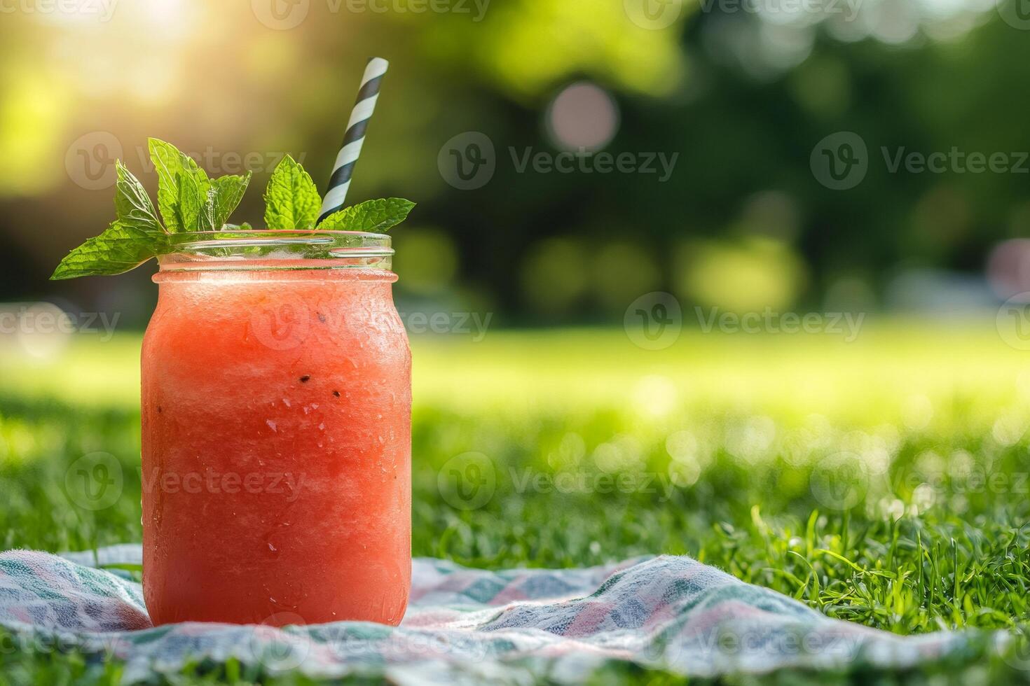 Refreshing watermelon smoothie enjoying summer vibes in lush green park photo