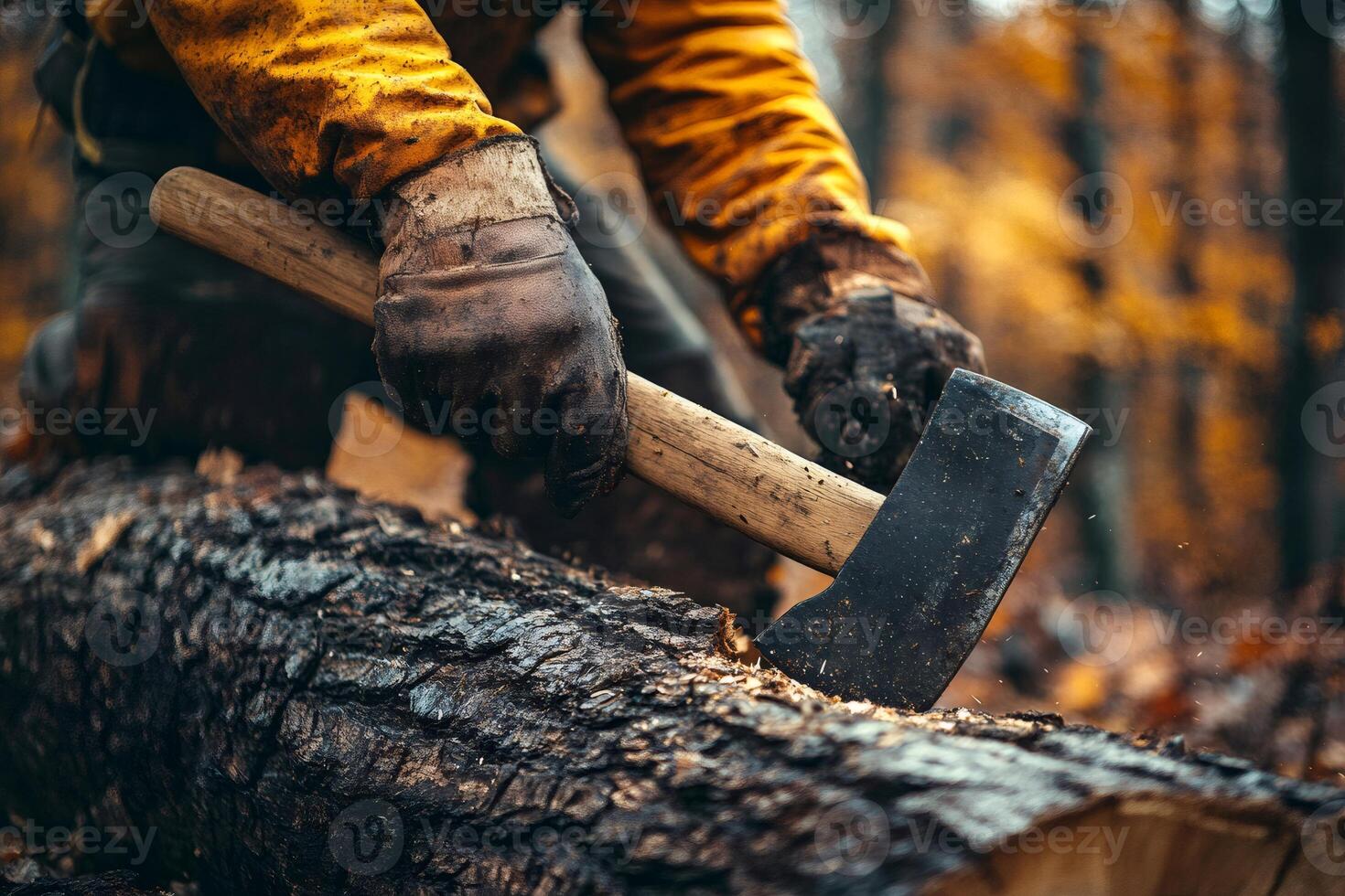 Lumberjack chopping wood with axe in forest during autumn. photo