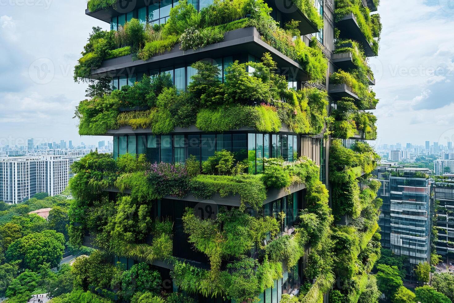 Modern green building showing sustainable architecture in urban city photo