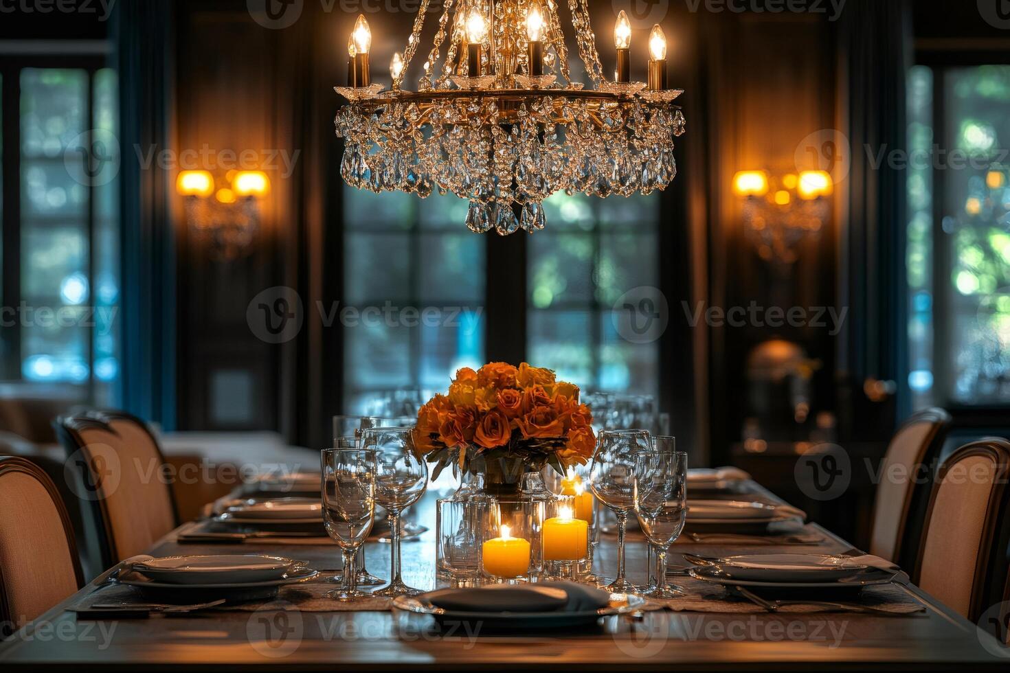 Elegant dining room table set for dinner party with crystal chandelier and orange roses photo