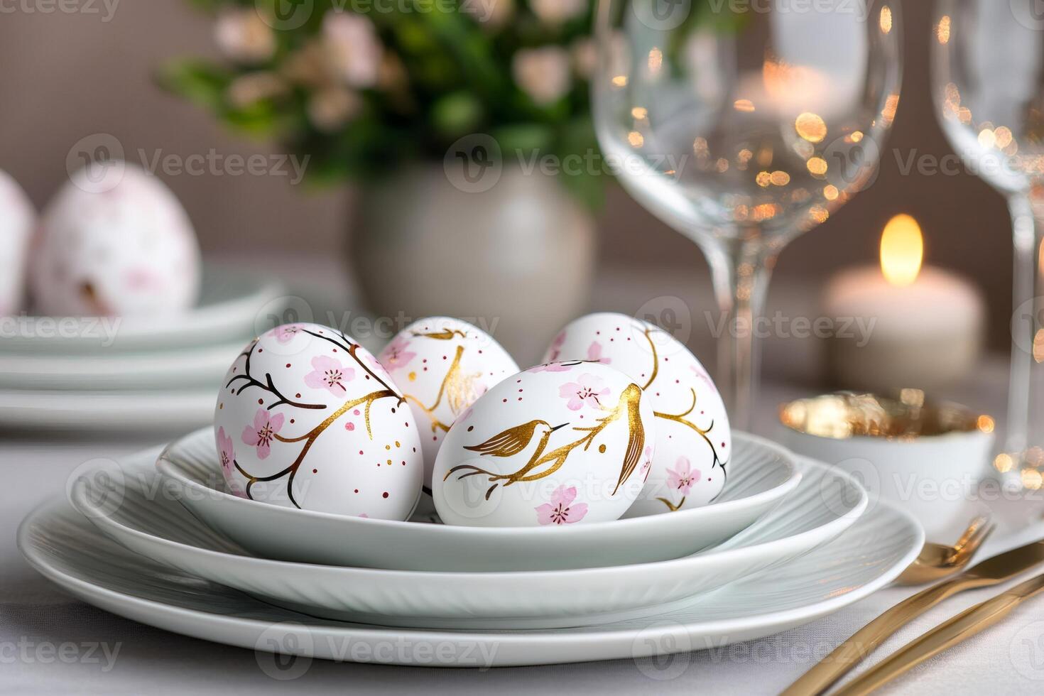 Easter eggs decorated with blooming sakura and birds resting on branches are arranged on plates for a festive table setting photo