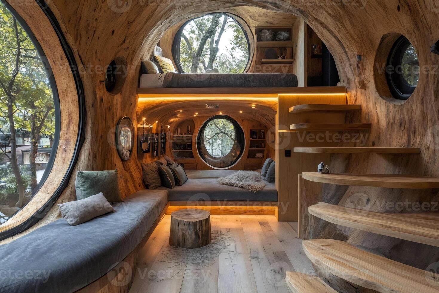 Cozy interior of wooden treehouse pod with circular windows overlooking lush forest photo
