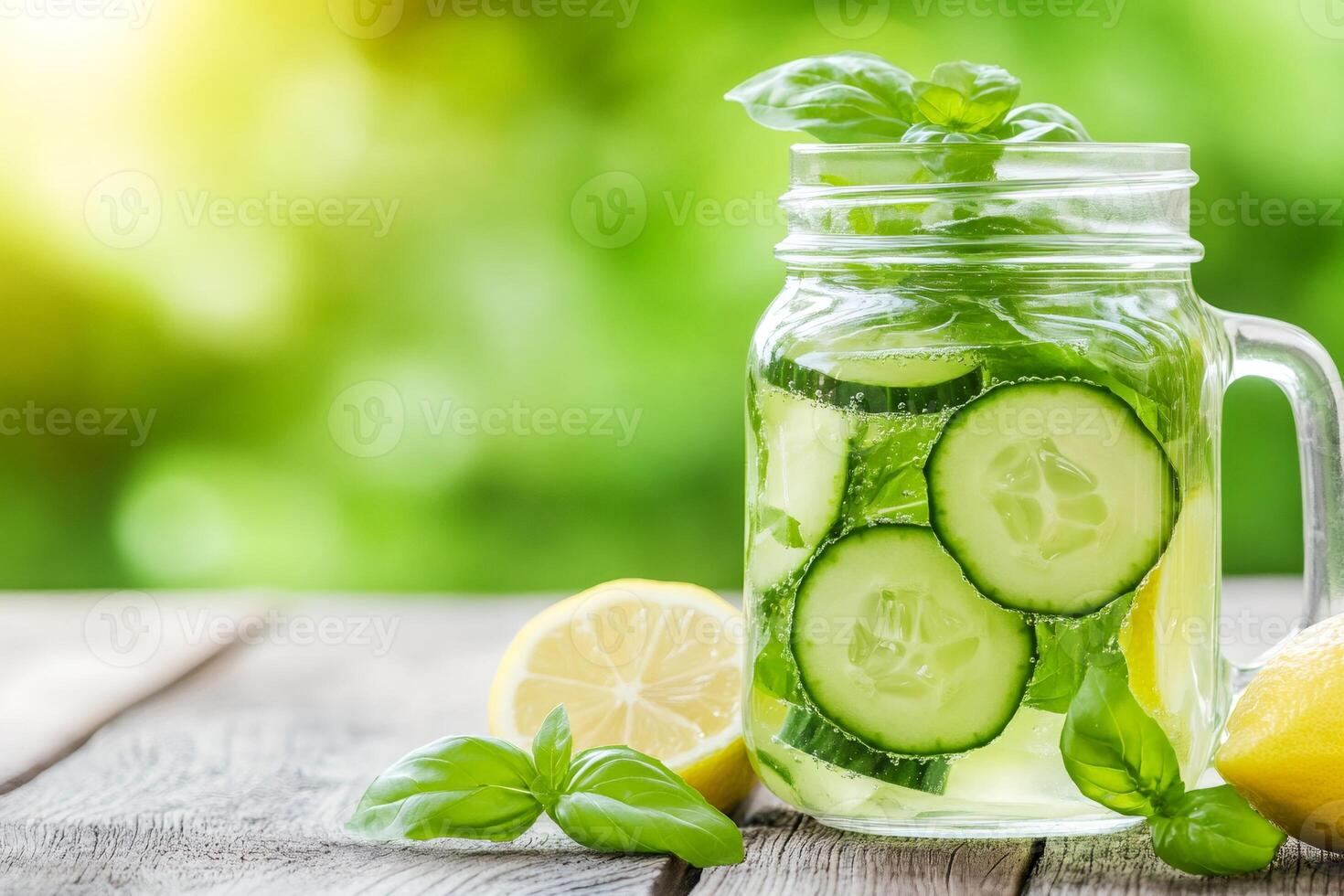 Refreshing summer drink with cucumber, lemon and basil in a mason jar photo