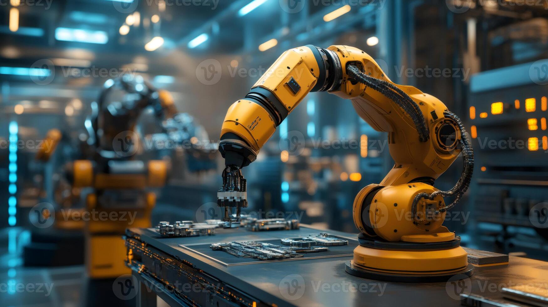 Robotic arms assembling circuit boards in modern factory photo