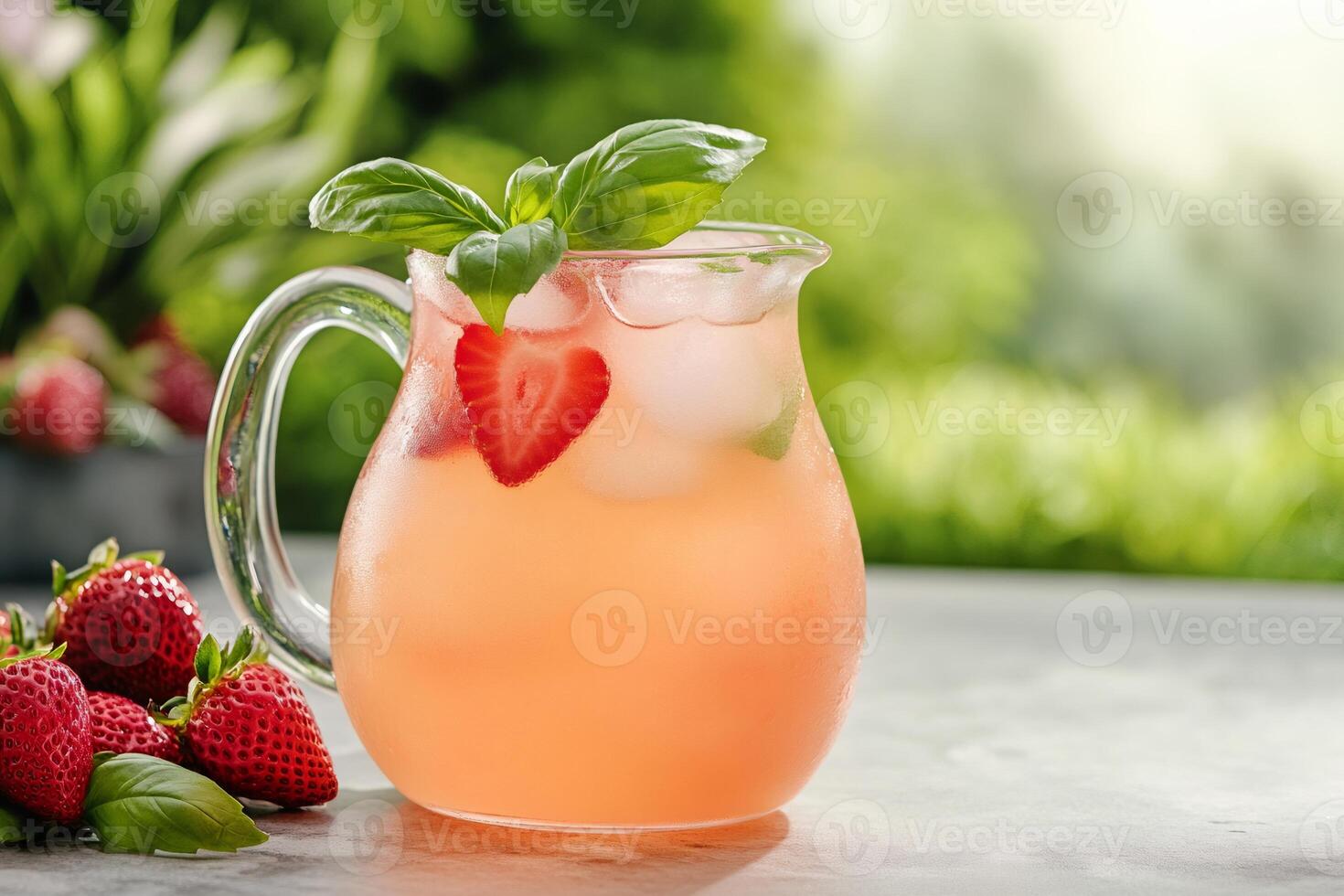 Refreshing strawberry basil lemonade in glass pitcher on outdoor table.. photo
