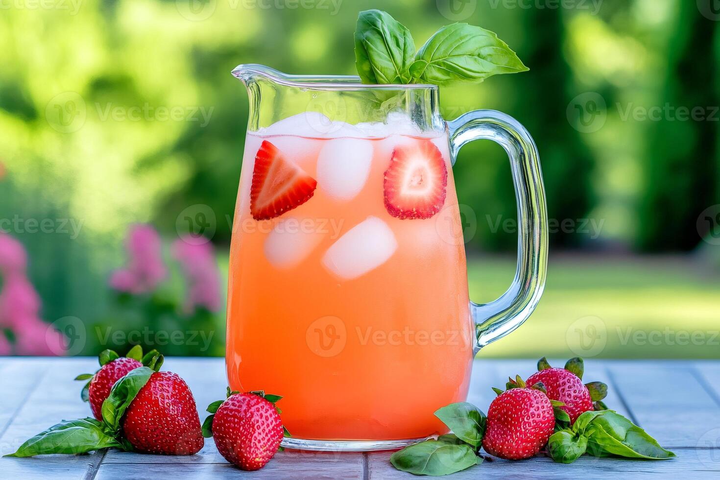 Refreshing strawberry basil lemonade in glass pitcher on outdoor table. photo