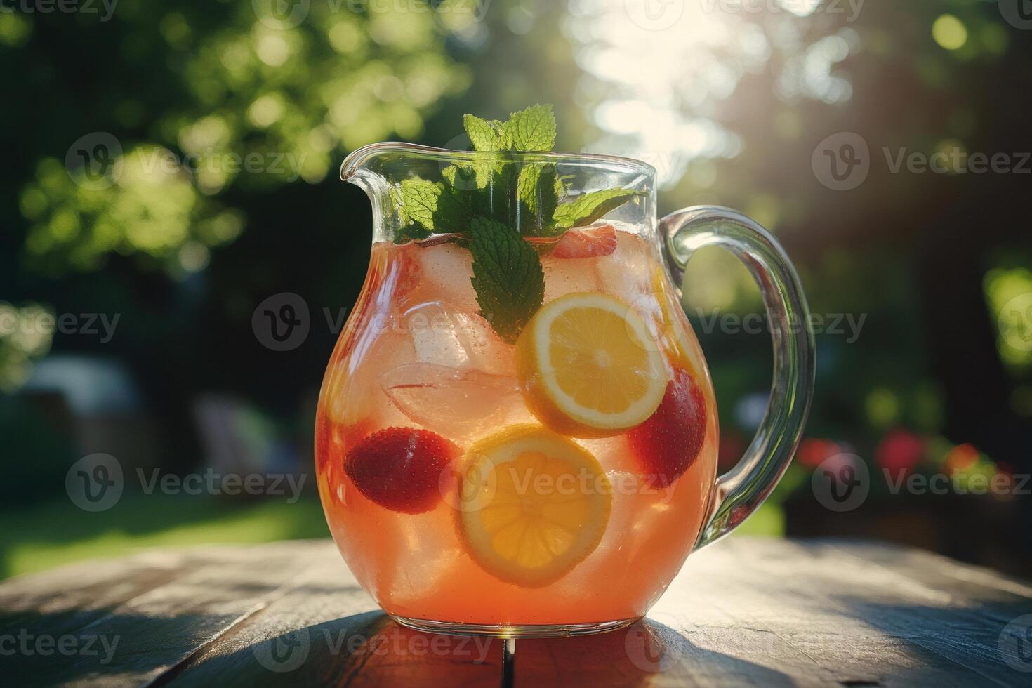 Refreshing summer drink with fruit and ice in a glass pitcher on a wooden table photo