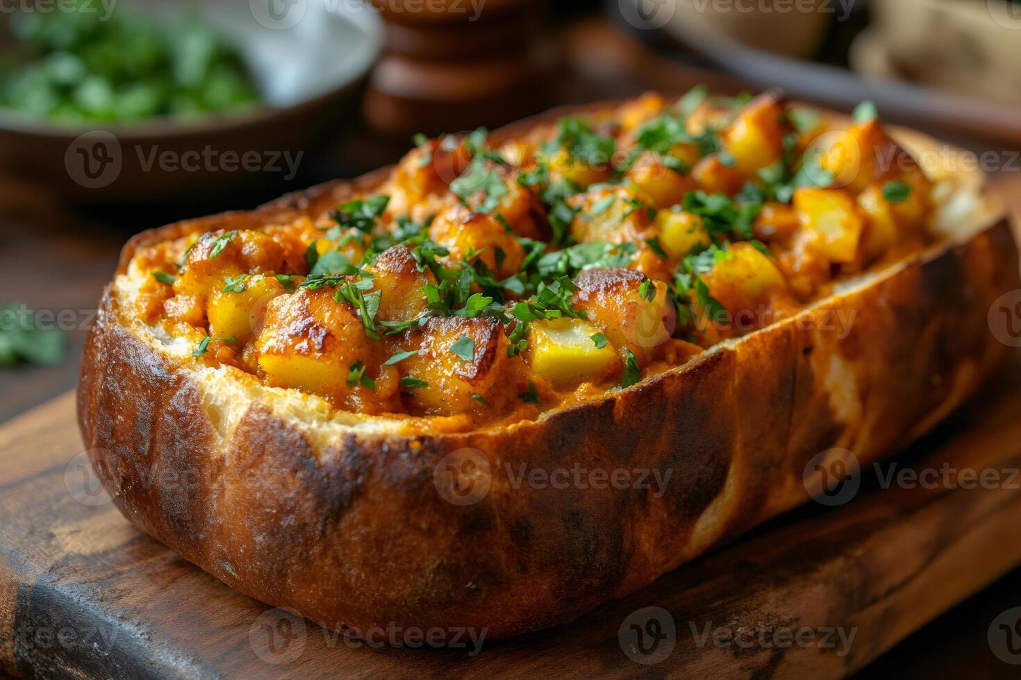 Bread bowl filled with potatoes and curry sauce, sprinkled with parsley photo