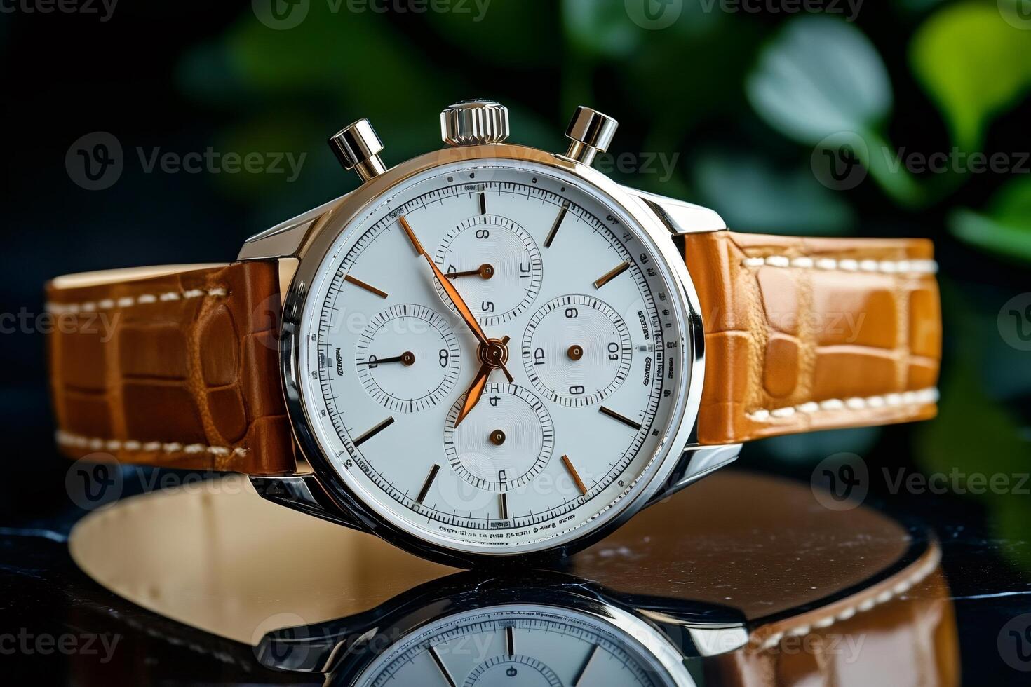 Luxury chronograph watch with white dial and brown leather strap reflecting on dark surface photo