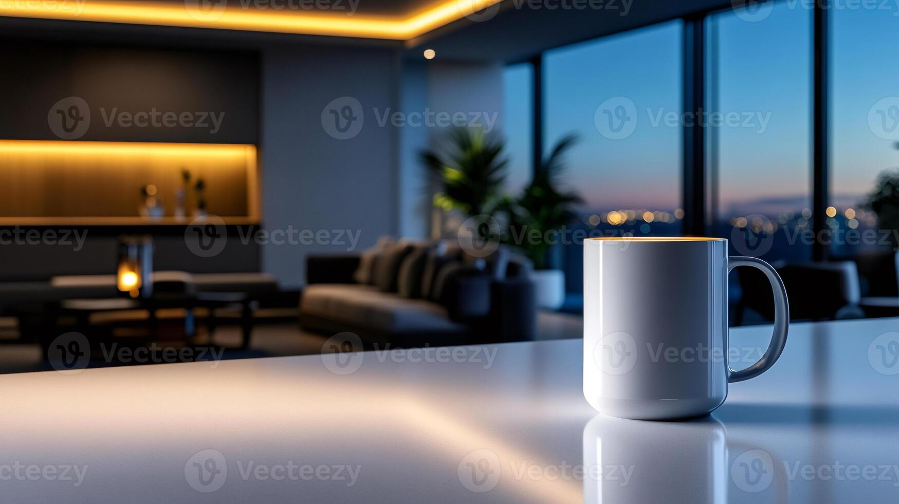 White mug stands on table in modern apartment at dusk with city view photo