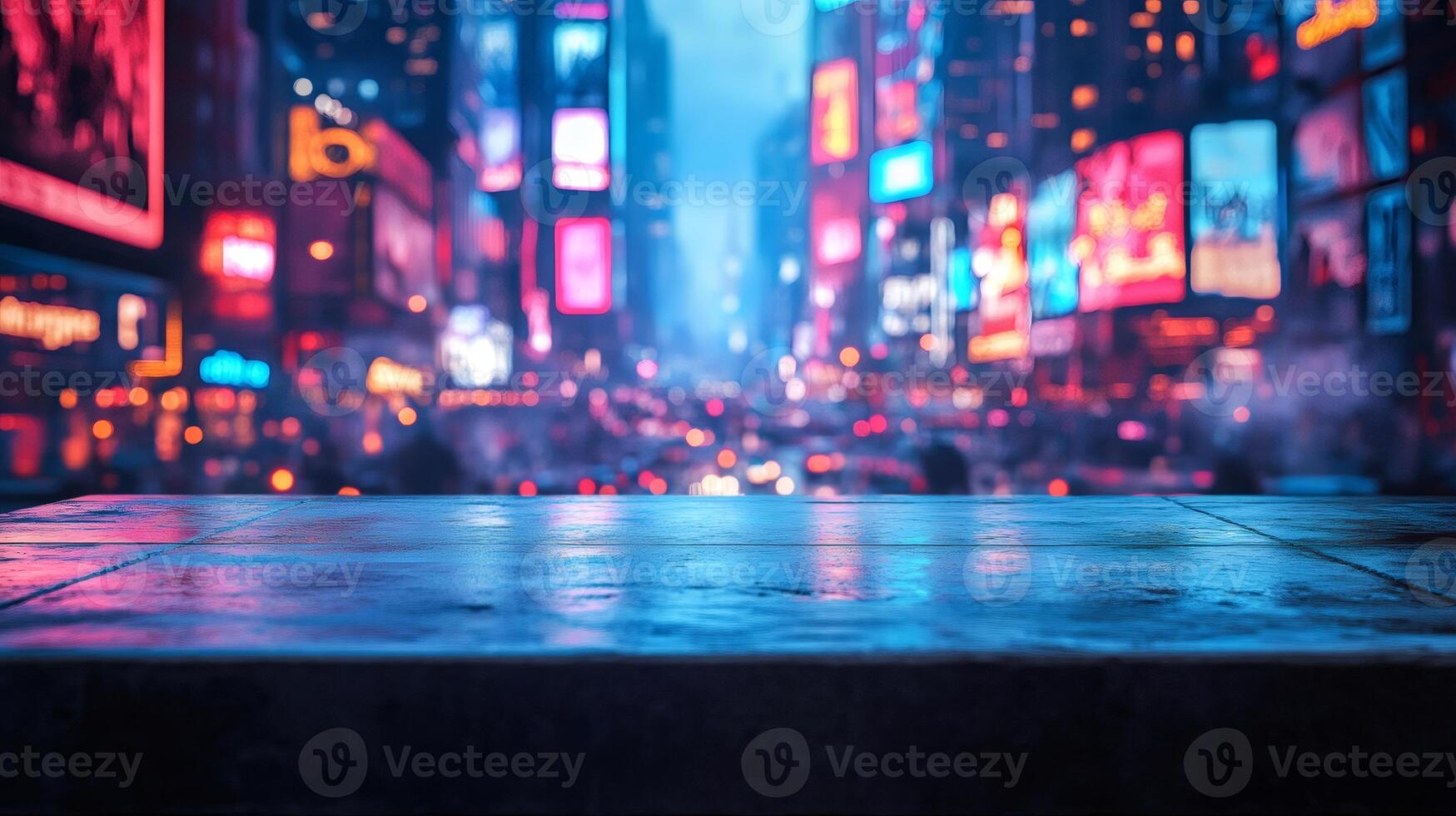 Empty table reflecting neon lights in times square at night photo