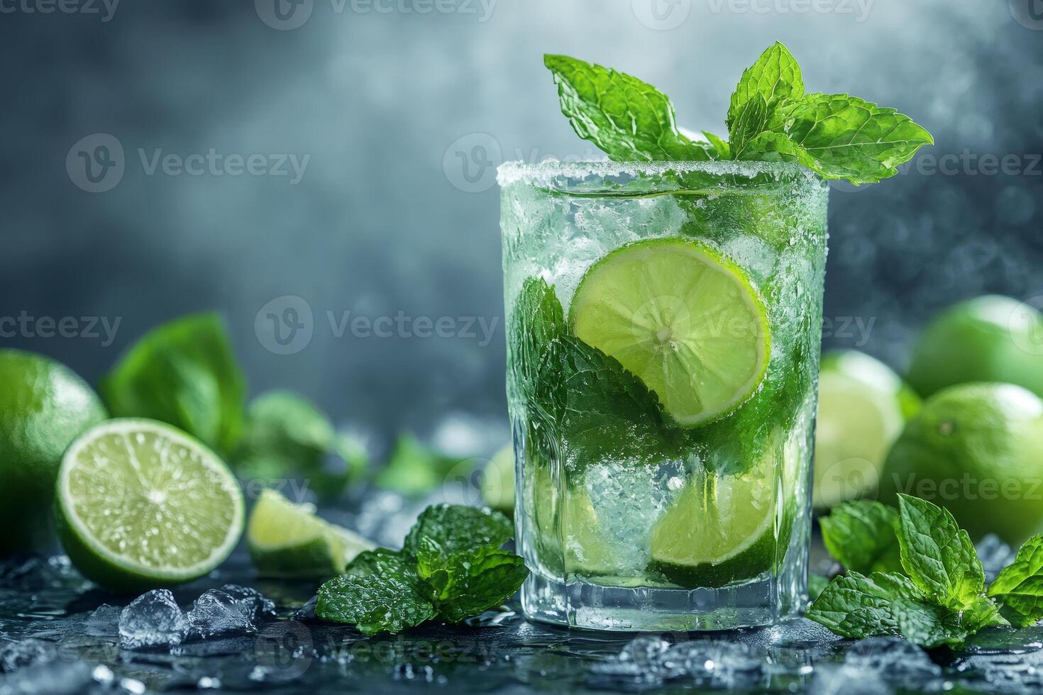 Refreshing mojito cocktail with lime, mint, and ice on dark background photo