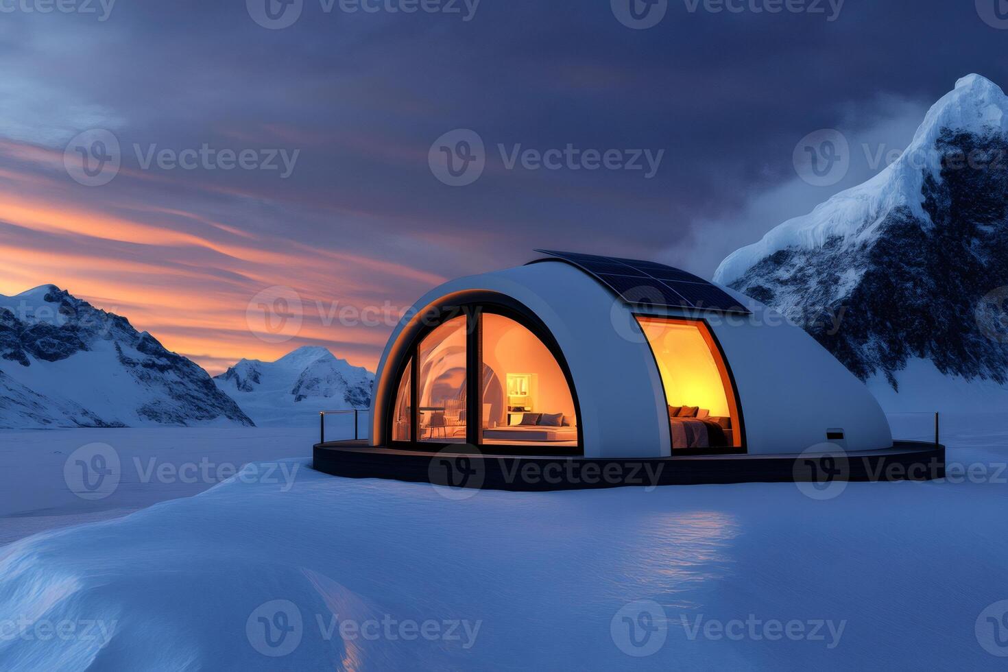 Futuristic igloo pod with solar panels providing sustainable energy in snowy mountain landscape at sunset photo