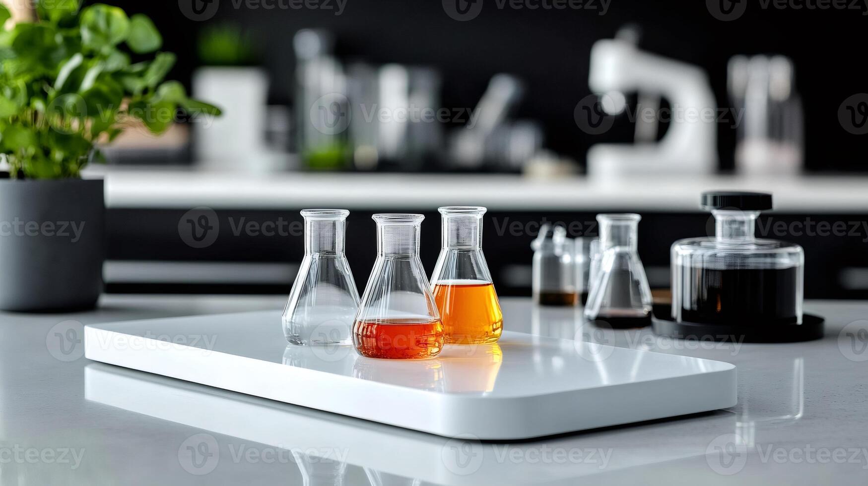 Laboratory flasks containing liquid chemical samples are placed on a white surface photo