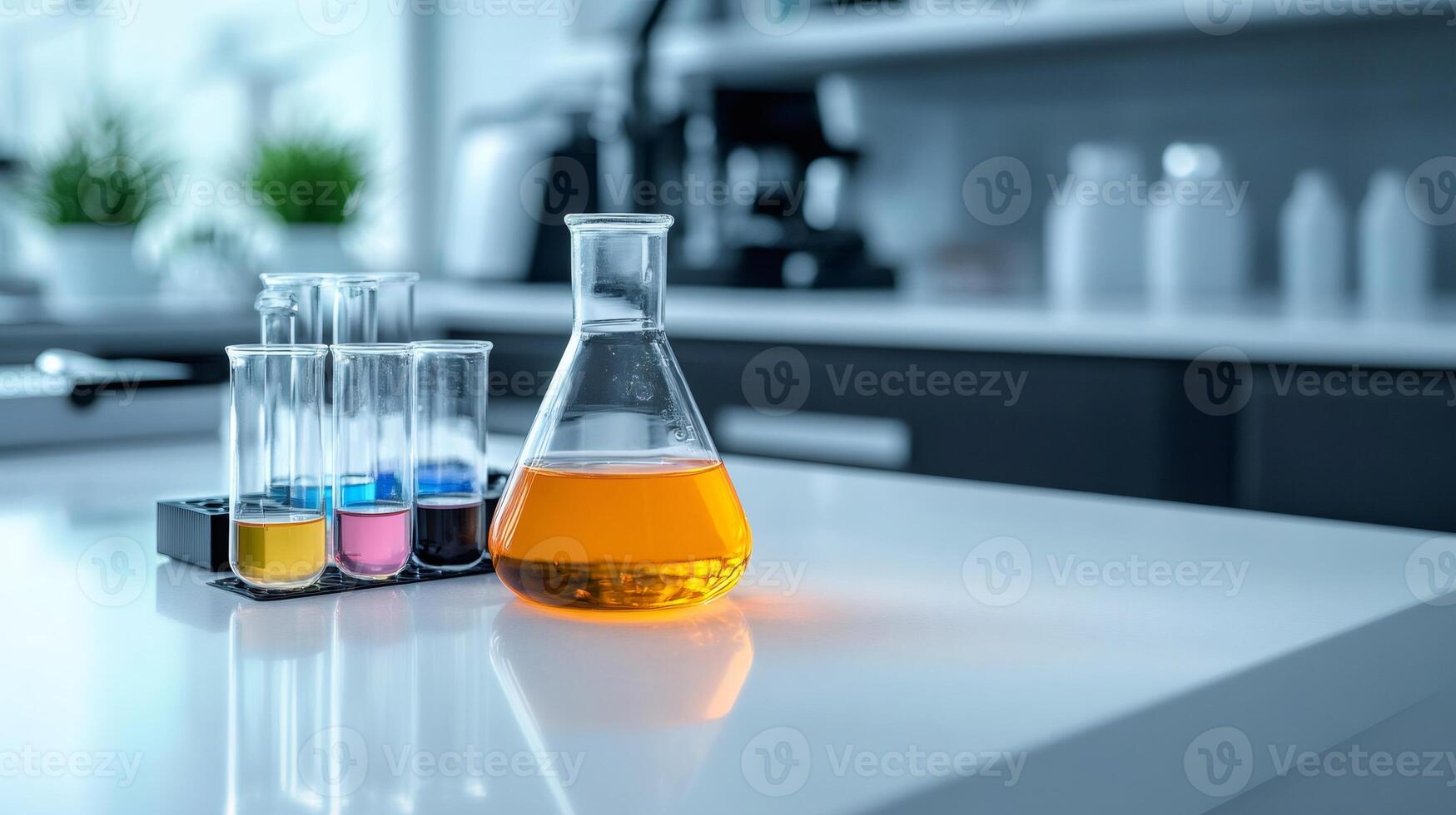 Laboratory glassware containing chemical liquid is sitting on white table photo