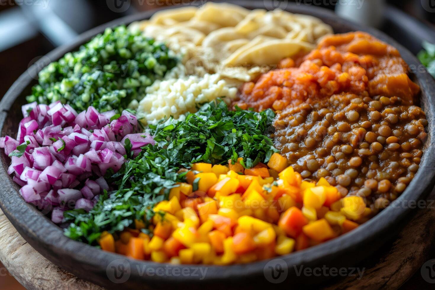 Ingredients for vegetarian buddha bowl with chopped vegetables, hummus, and lentils displayed on rustic wooden plate photo