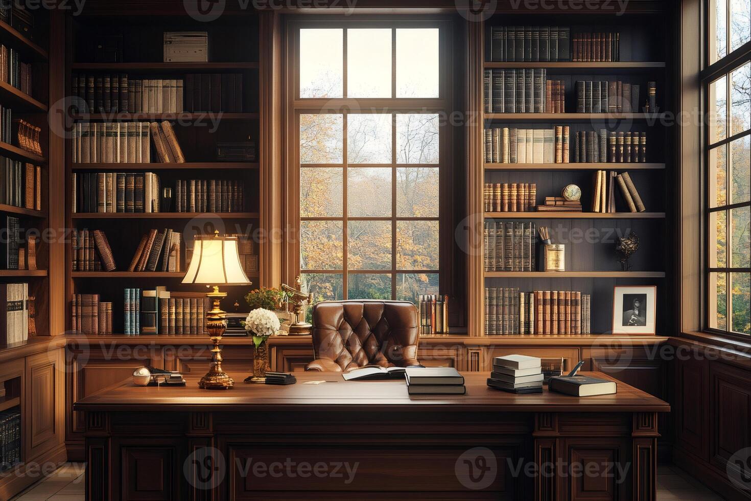 Classic home office interior with bookshelves and autumn view photo