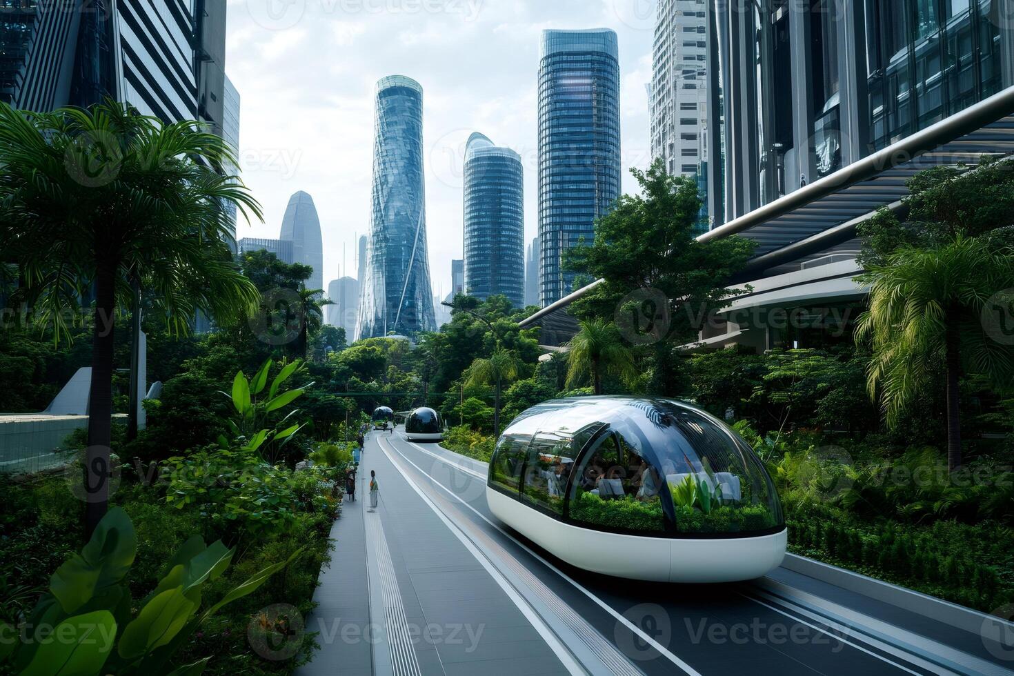 Autonomous vehicles driving through green urban landscape in modern city photo