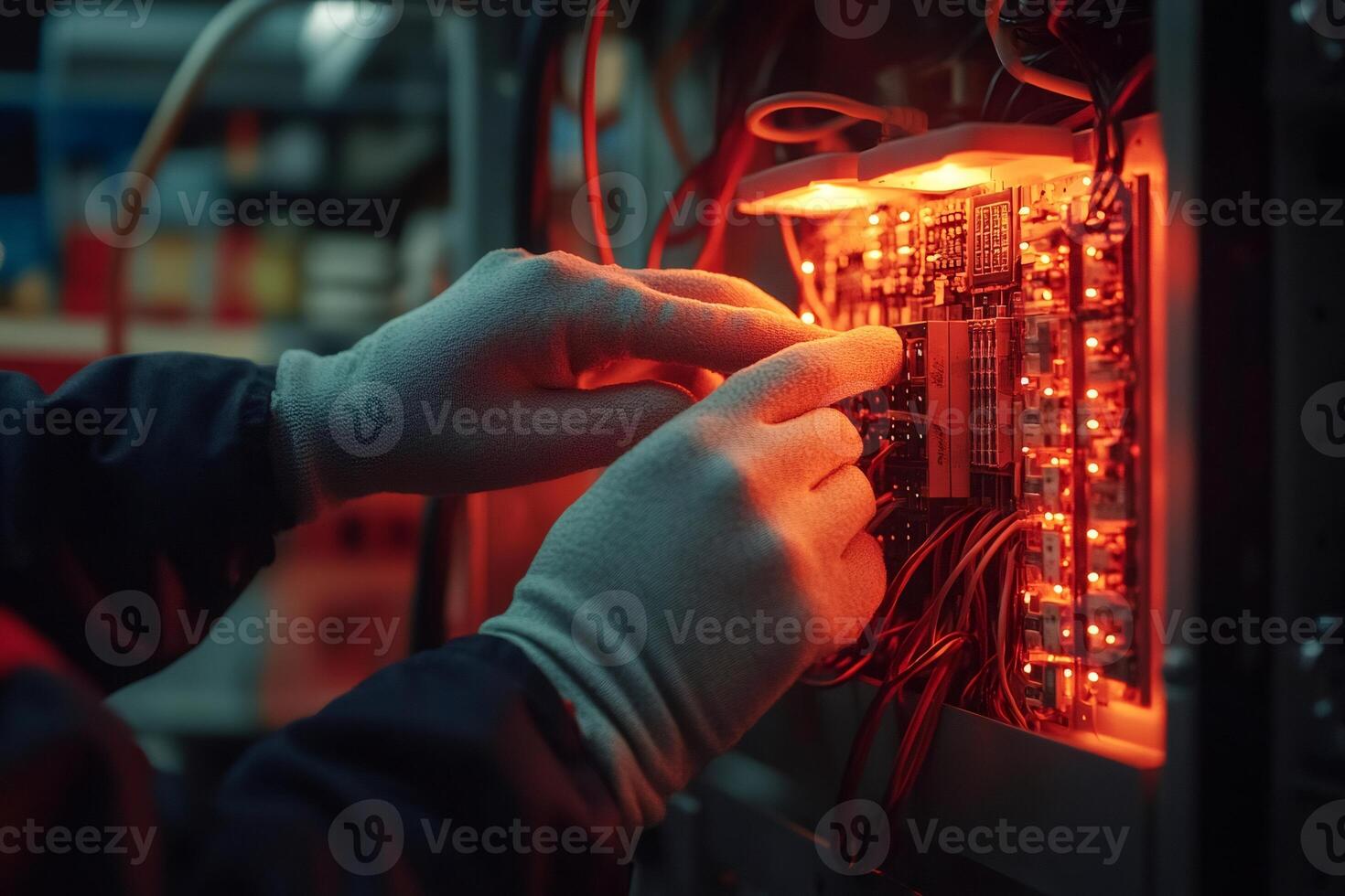 Technician connecting wires to illuminated circuit board in server room photo