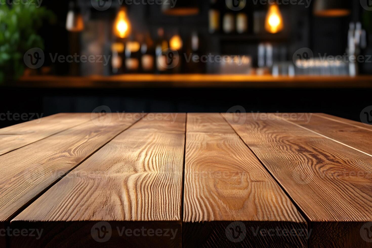 Empty wooden table illuminating pub or restaurant background for product placement photo