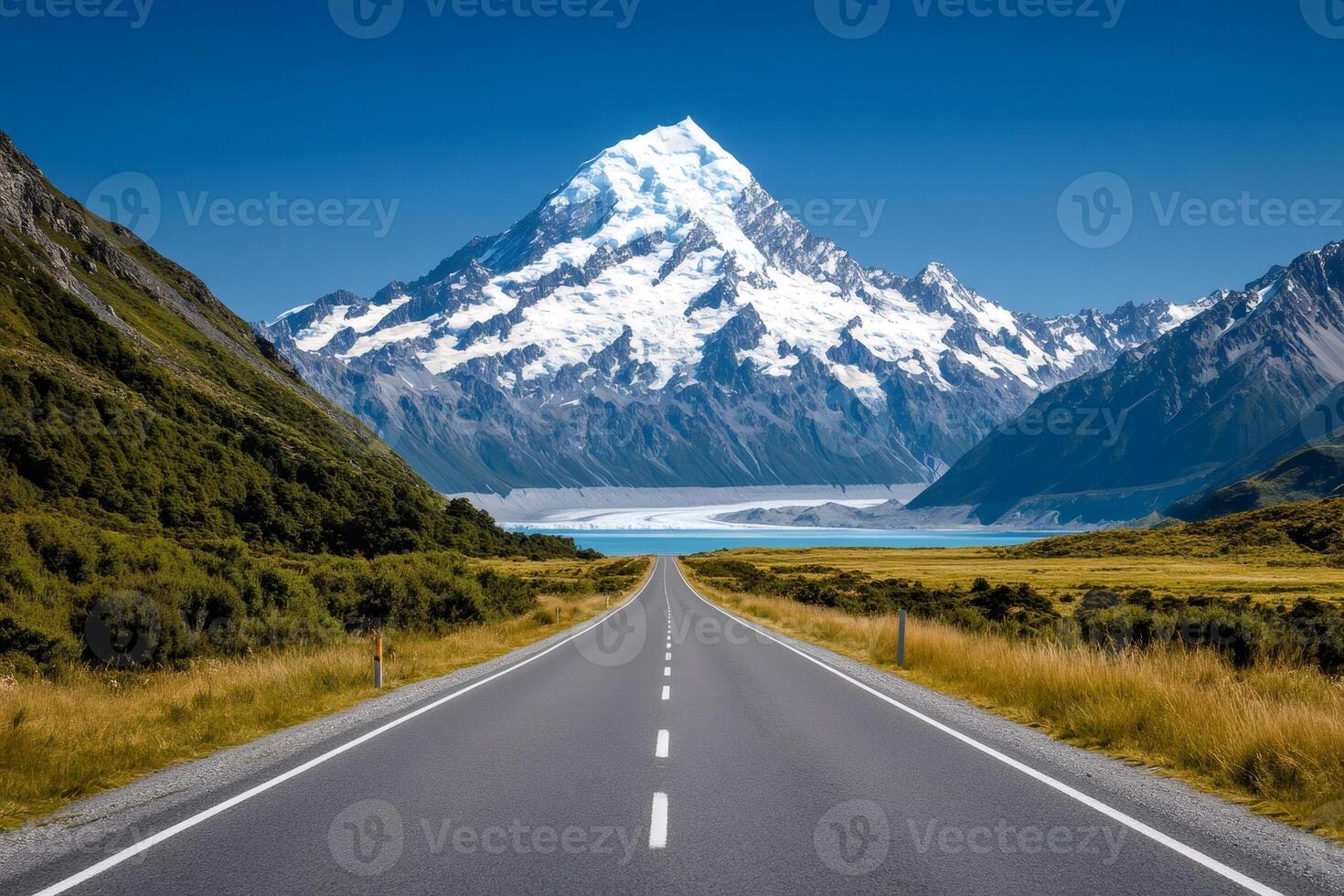 Road leading to mount cook and hooker lake in mount cook national park, new zealand photo