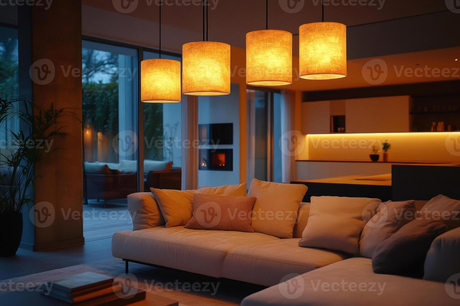 Modern living room interior design with warm lighting and comfortable sofa in evening ambiance photo