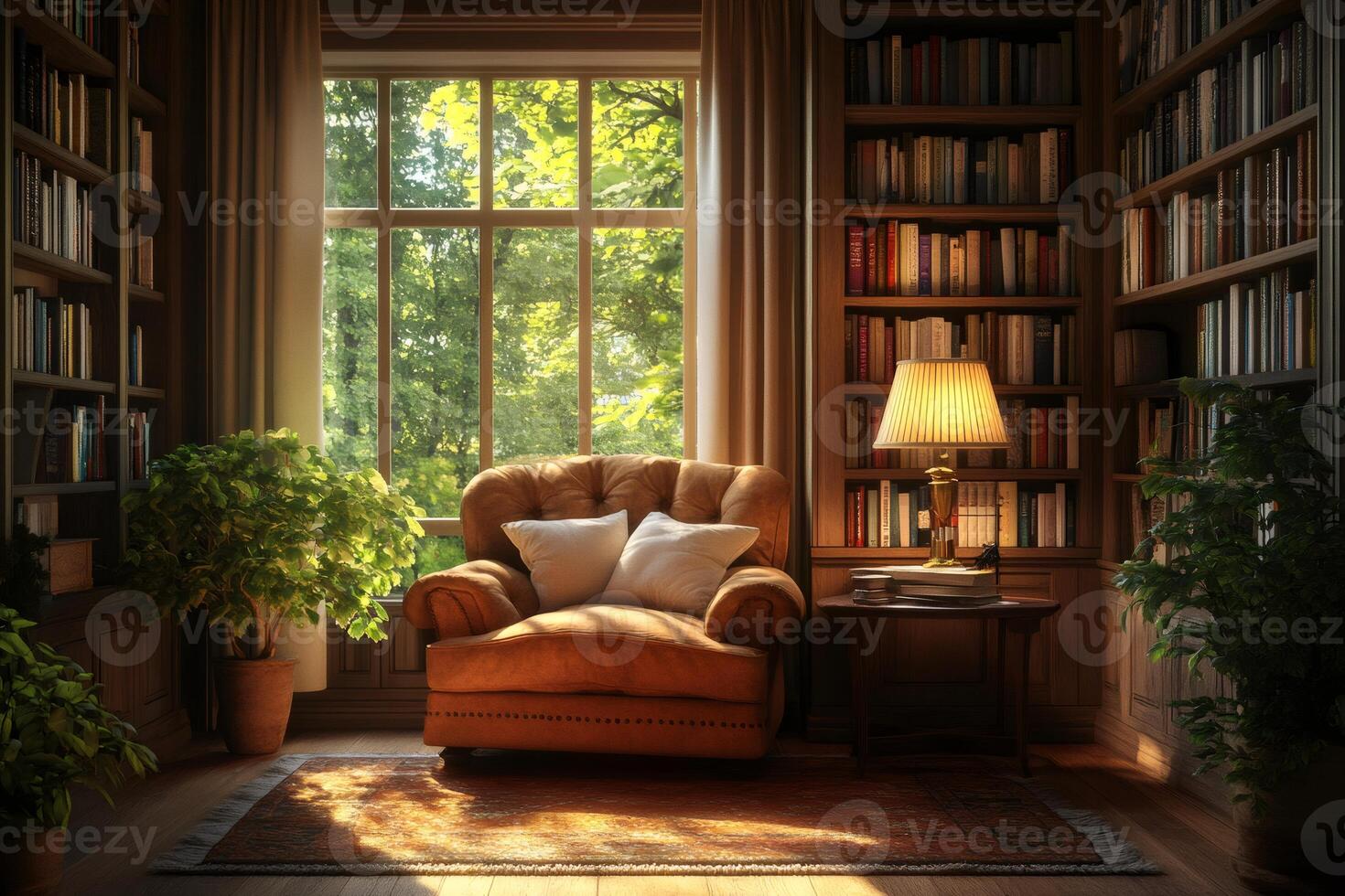 Cozy reading nook bathed in sunlight in a home library photo